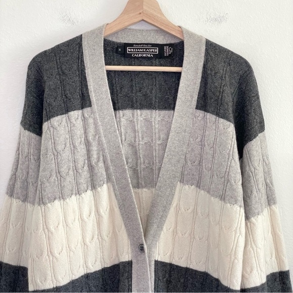 Vintage William Kasper Cashmere Oversized Cabled Cardigan Sweater Neutral Stripe - Picture 3 of 14